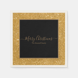 Elegant gold glitter black Merry Christmas name Napkin