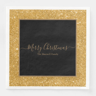 Elegant gold glitter black Merry Christmas name Napkin