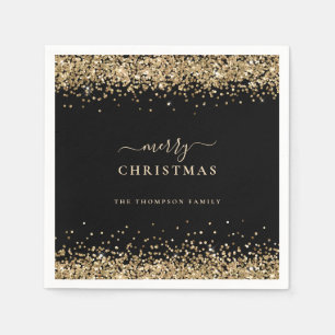 Elegant Gold Glitter Black Name Merry Christmas Napkin