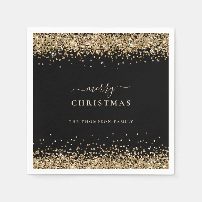 Elegant Gold Glitter Black Name Merry Christmas Napkin (Front)