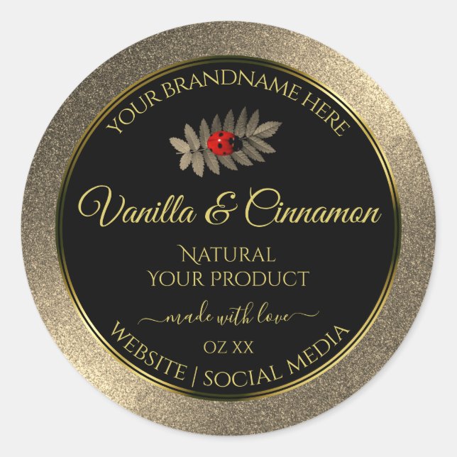 Elegant Gold Glitter Black Product Labels Ladybug (Front)