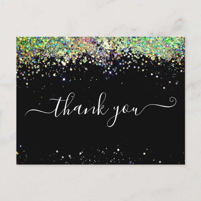 Elegant Gold Glitter Black Thank You Card (Front)