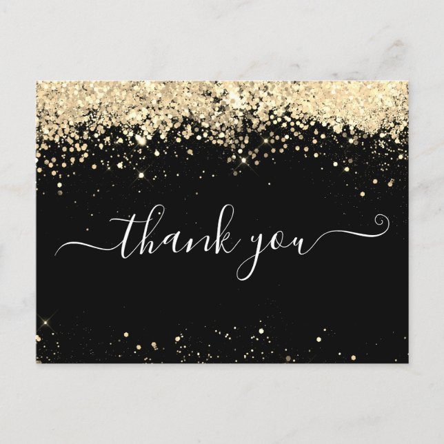 Elegant Gold Glitter Black Thank You Card (Front)