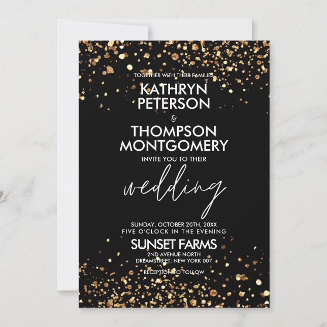 Elegant Gold Glitter Black Wedding Invitation (Front)