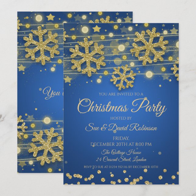Elegant Gold Glitter Blue Christmas Holiday Party Invitation (Front/Back)