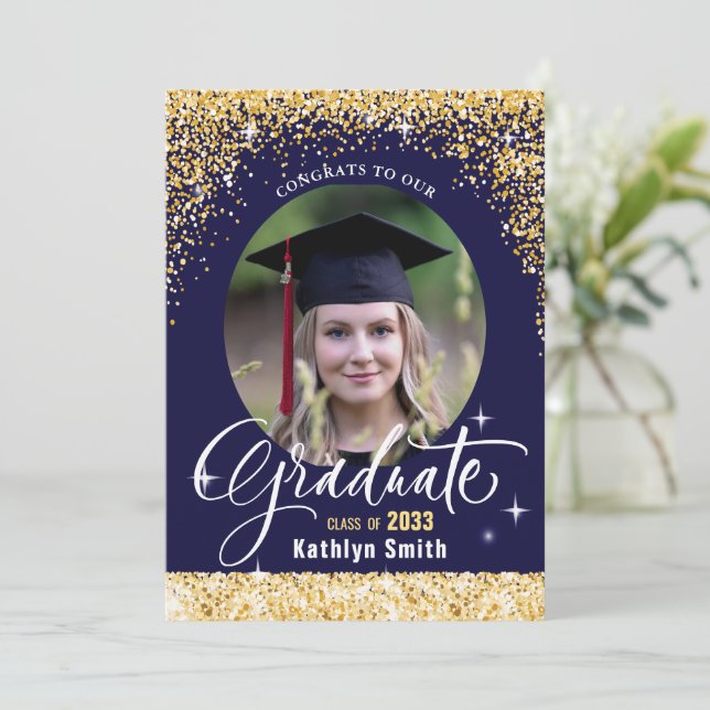 Elegant Gold Glitter Blue Photo Graduation Party Invitation (Standing Front)