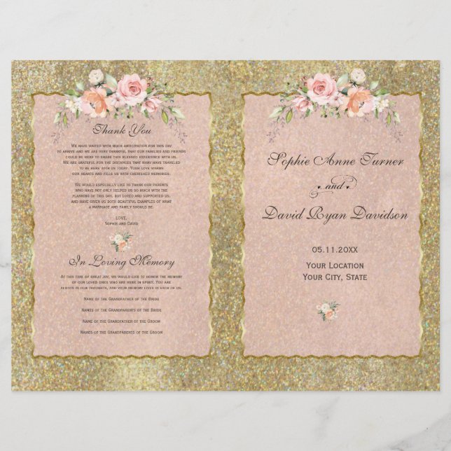 Elegant Gold Glitter Blush Floral Wedding Program (Front)