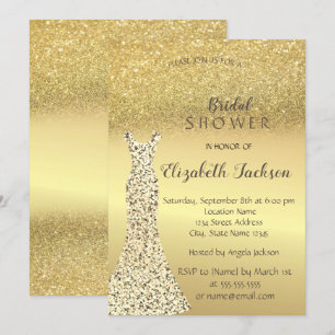 Elegant Gold Glitter Bokeh , Dress Bridal Shower Invitation