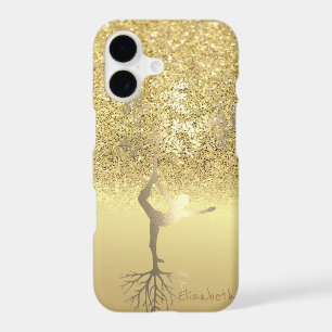Elegant Gold Glitter Bokeh Girl Tree Silhouete