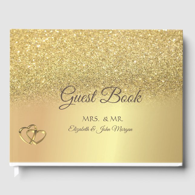 Elegant Gold Glitter Bokeh Hearts Wedding Guest Book (Front)