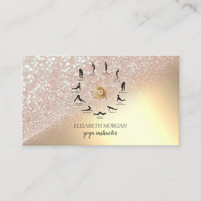 Elegant Gold Glitter Bokeh Yoga Girl Silhouette Business Card (Front)
