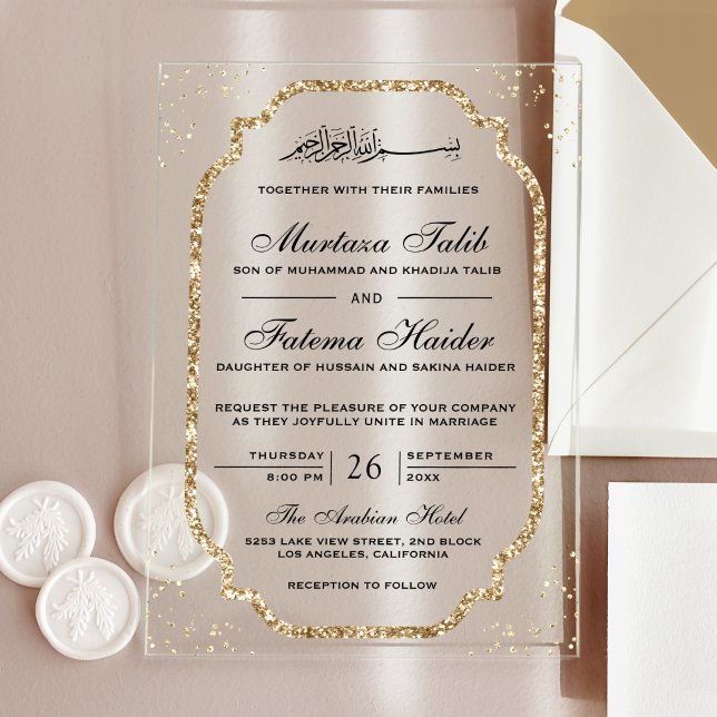 Elegant Gold Glitter Border Muslim Wedding Acrylic Invitations (Creator Uploaded)