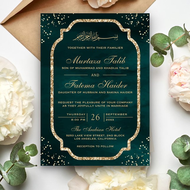 Elegant Gold Glitter Border Teal Muslim Wedding Invitation (Creator Uploaded)