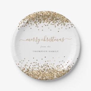 Elegant Gold Glitter Borders Name Merry Christmas Paper Plate