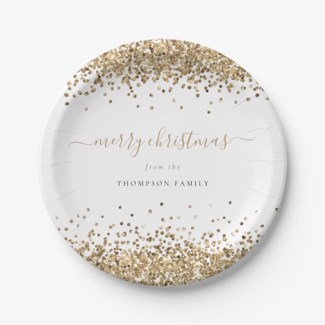 Elegant Gold Glitter Borders Name Merry Christmas Paper Plate (Front)