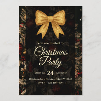 Elegant Gold Glitter Bow Dark Christmas Party Invitation