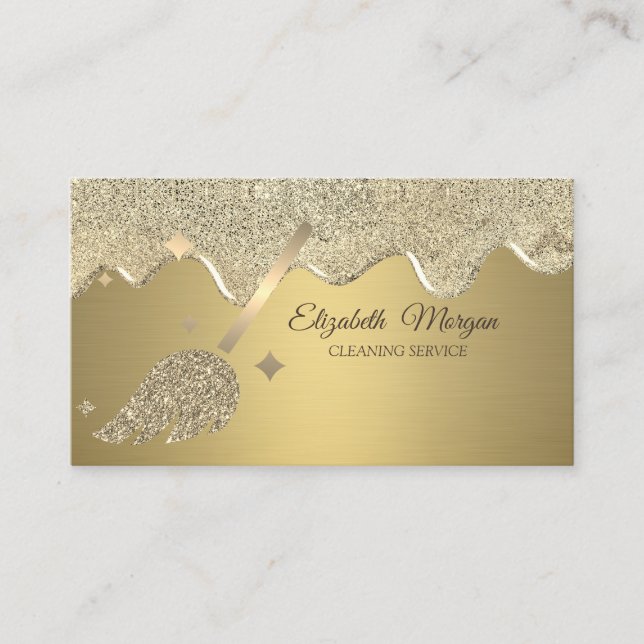 Elegant Gold Glitter Broom Drips Business Card (Front)
