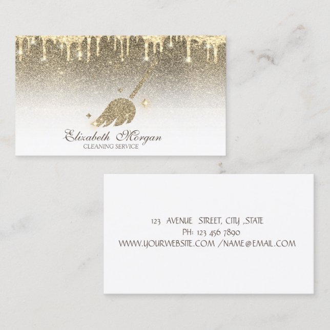 Elegant Gold Glitter Broom Maid Cleaning House Business Card (Front/Back)