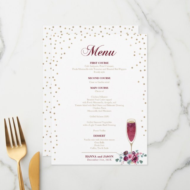 Elegant Gold glitter burgundy Flowers  Menu (Front/Back In Situ)