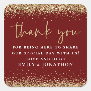Elegant Gold Glitter Burgundy Thank You Message Square Sticker