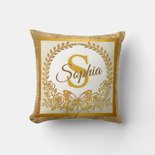 Elegant Gold Glitter Butterfly and Flower Cushion