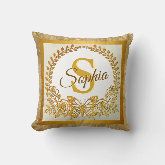 Elegant Gold Glitter Butterfly and Flower Cushion (Front)