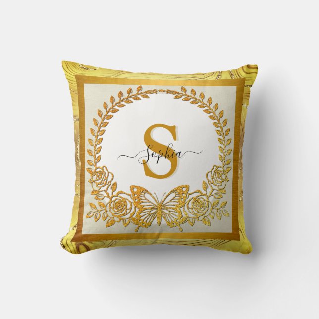 Elegant Gold Glitter Butterfly and Flower Cushion (Front)