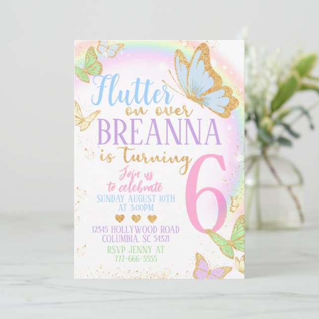 Elegant Gold Glitter Butterfly Birthday Party Invitation (Standing Front)