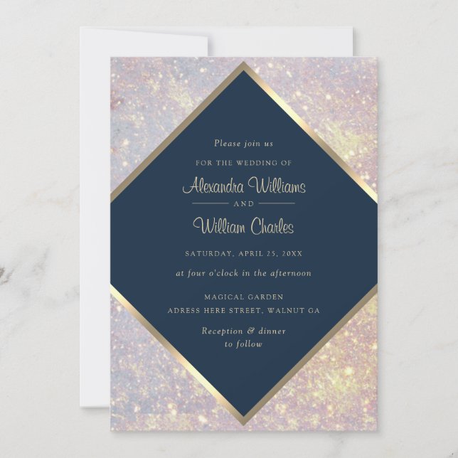 Elegant Gold Glitter Calligraphy Blue Chic Wedding Invitation (Front)