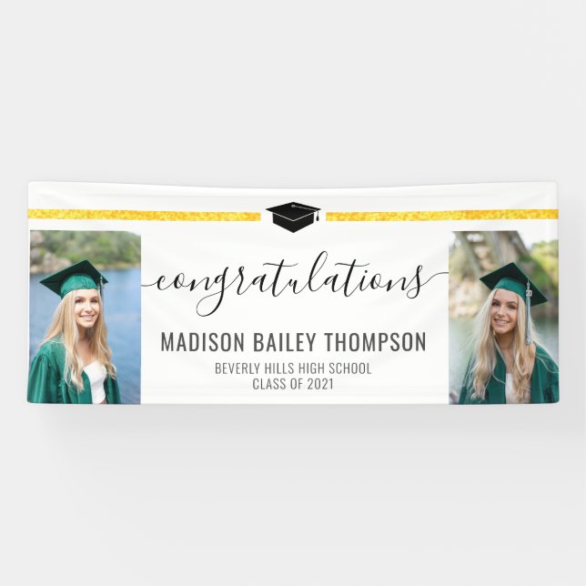 Elegant Gold Glitter Calligraphy Graduation Photo  Banner (Horizontal)