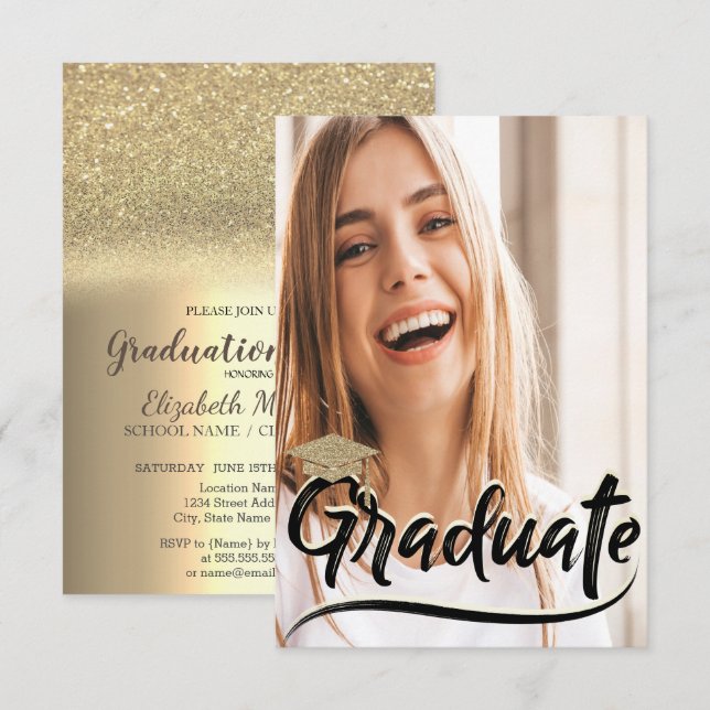 Elegant Gold  Glitter Cap,Photo Graduation Party Invitation (Front/Back)