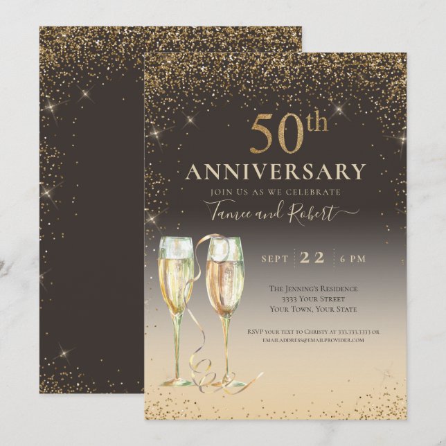 Elegant Gold Glitter Champagne 50th Anniversary Invitation (Front/Back)