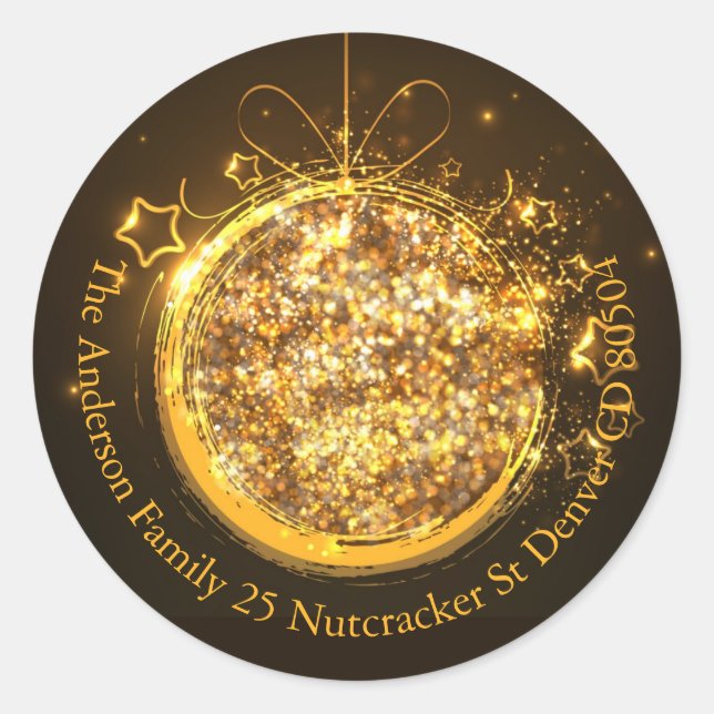 Elegant gold glitter Christmas bulb envelope Classic Round Sticker (Front)