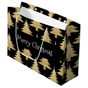 elegant gold glitter Christmas tree pattern black Large Gift Bag