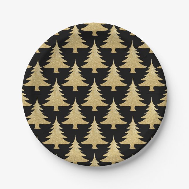 elegant gold glitter Christmas tree pattern black Paper Plate (Front)