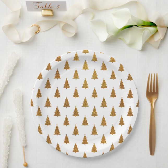 Elegant gold glitter Christmas trees pattern cute Paper Plate (Wedding)