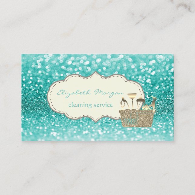 Elegant Gold Glitter Cleaning Tools Bokeh Business Card (Front)