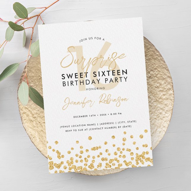 Elegant Gold Glitter Confetti Surprise Sweet 16  Invitation (Elegant Gold Glitter Confetti Surprise Sweet 16 Invitation)