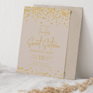 Elegant Gold Glitter Confetti Sweet 16 Champagne Invitation