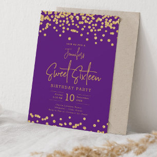 Elegant Gold Glitter Confetti Sweet 16 Purple Invitation
