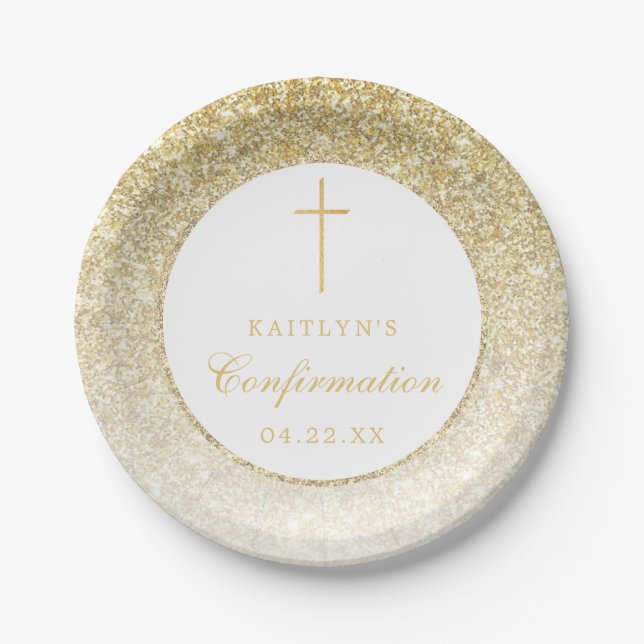 Elegant Gold Glitter Confirmation Or 1st Communion Paper Plate (Front)