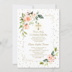 Elegant Gold Glitter Coral Flowers Holy Communion Invitation