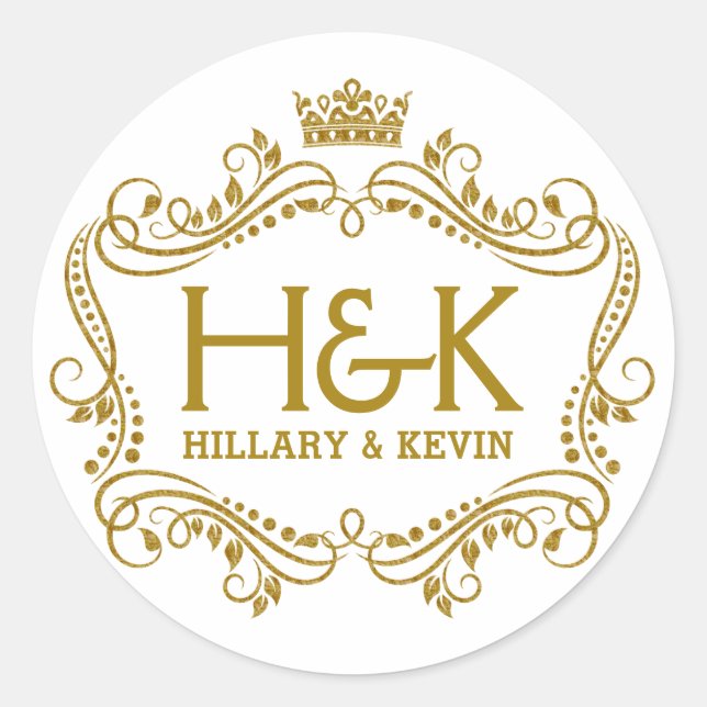 Elegant Gold Glitter Crown & Floral Frame Classic Round Sticker (Front)