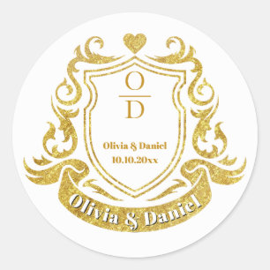 Elegant Gold Glitter Custom Wedding Crest Monogram Classic Round Sticker