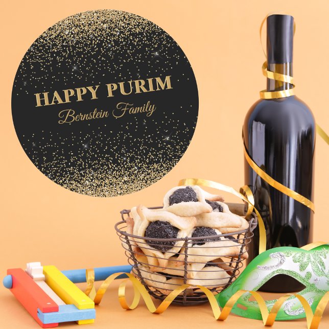 Elegant Gold Glitter Customise Hebrew Happy Purim  Classic Round Sticker (Creator Uploaded)