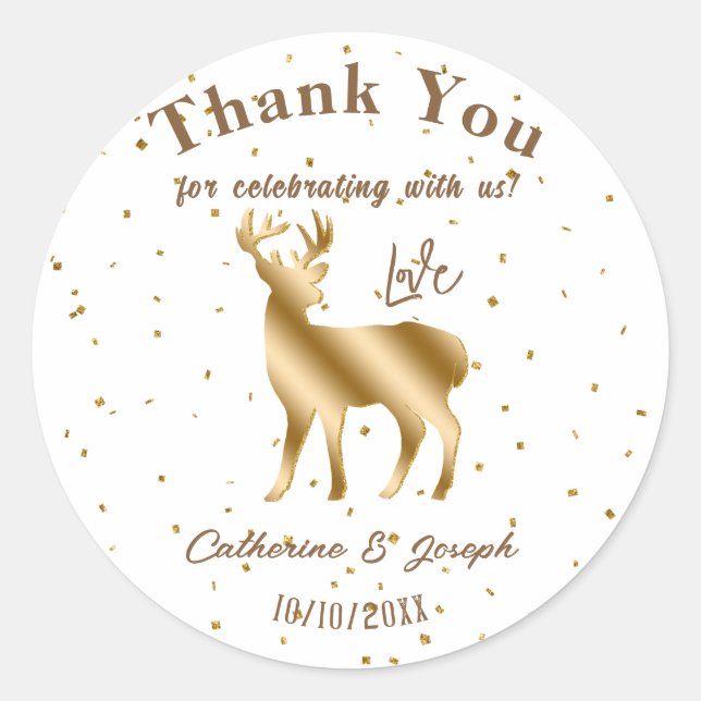 Elegant Gold & Glitter Deer Thank You Wedding Classic Round Sticker (Front)