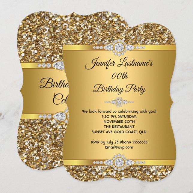 Elegant Gold Glitter Diamond Birthday Party Invitation (Front/Back)