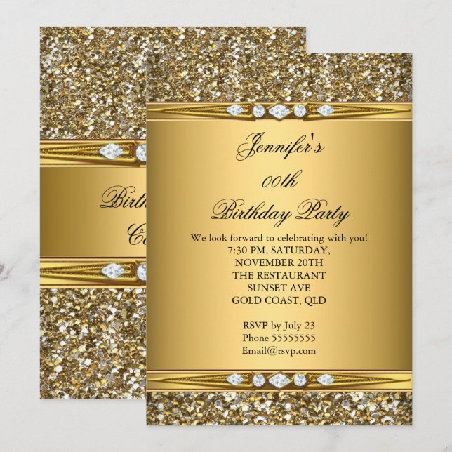 Elegant Gold Glitter Diamond Birthday Party Invitation (Front/Back)