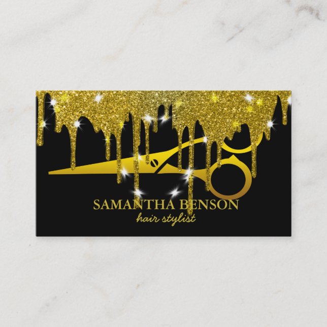 Elegant Gold Glitter Dripping Hair Stylist Beauty Business Card (Front)