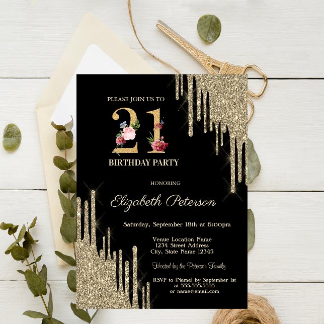  Elegant Gold Glitter Drips Black 21st Birthday  Invitation (Creator Uploaded)